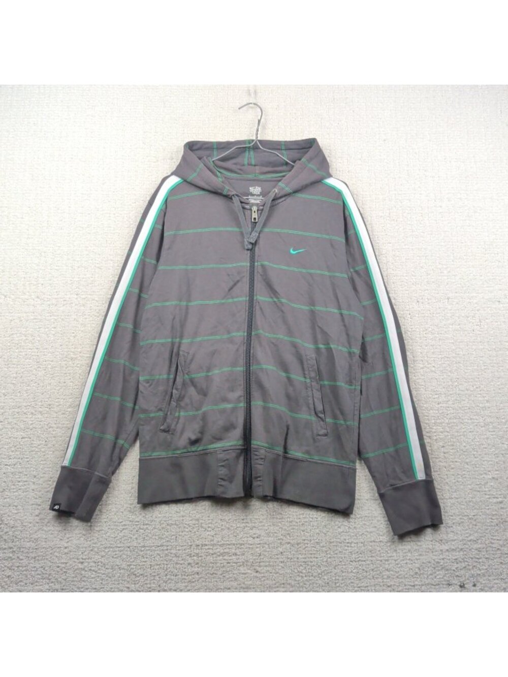 Y2K Nike Full Zip Hoodie Sweatshirt Mens Sz M Charcoal Gray Green Striped Read